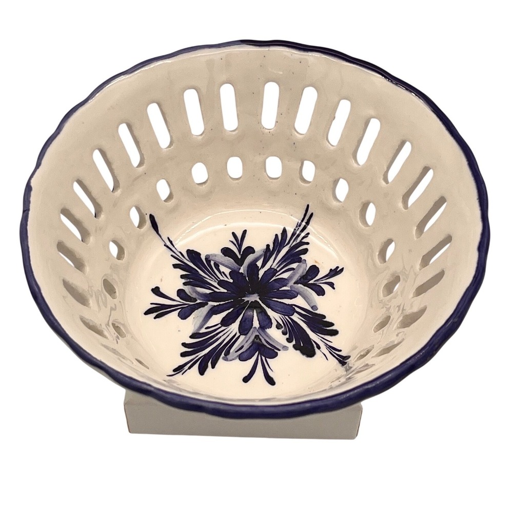 Hand Painted Portugal Pierced Berry Bowl Blue  White Floral Reticulated Strainer